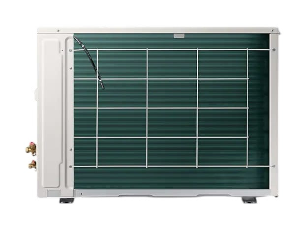 OBtech Samsung 22,000 BTU digital inverter air conditioner outdoor unit with green condenser coils and white casing.