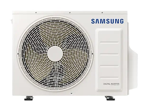 OBtech Samsung digital inverter wall-mount air conditioner outdoor unit in white with large circular fan grille