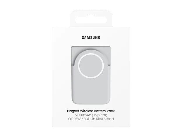 OBtech Samsung Magnet Wireless Battery Pack in retail packaging with 5000mAh capacity and built-in kickstand