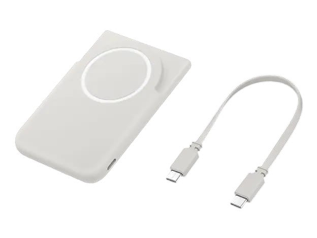 OBtech Samsung Magnet Wireless Battery Pack in white with a USB-C charging cable on a black background.