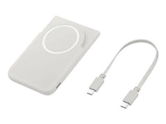 OBtech Samsung Magnet Wireless Battery Pack in white with a USB-C charging cable on a black background.