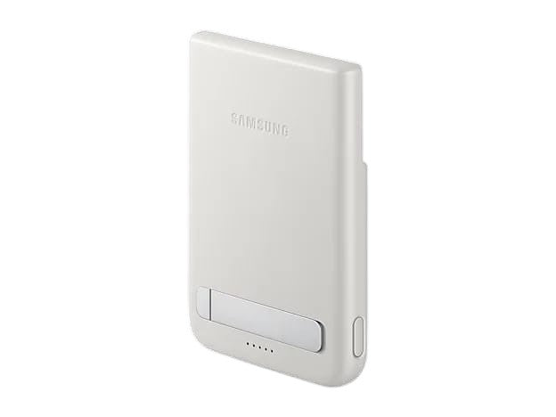 OBtech Samsung Magnet Wireless Battery Pack in white with a foldable kickstand and 5,000mAh capacity.