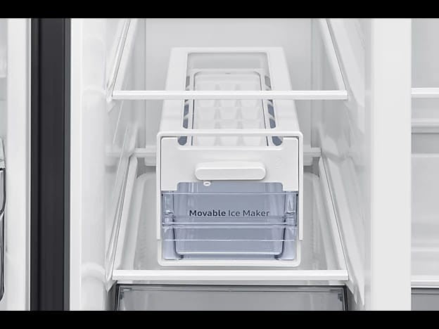 OBtech Samsung side-by-side refrigerator interior featuring a white movable twist ice maker tray on a glass shelf