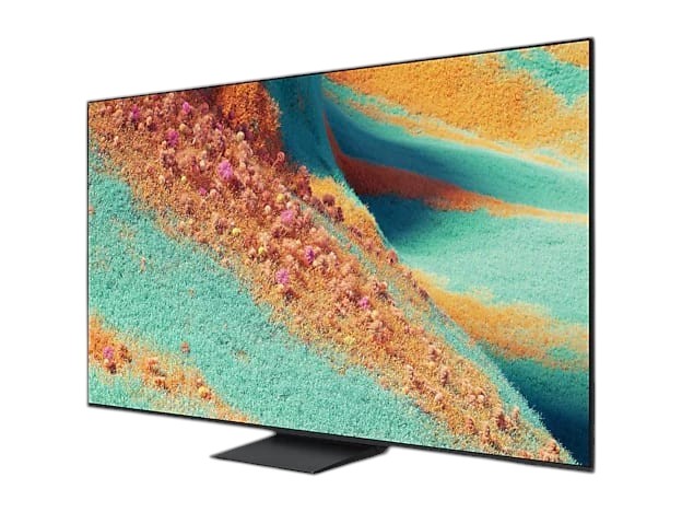 OBtech Samsung 75-inch Neo QLED 4K smart TV with ultra-slim bezels displaying vibrant abstract art on a black background