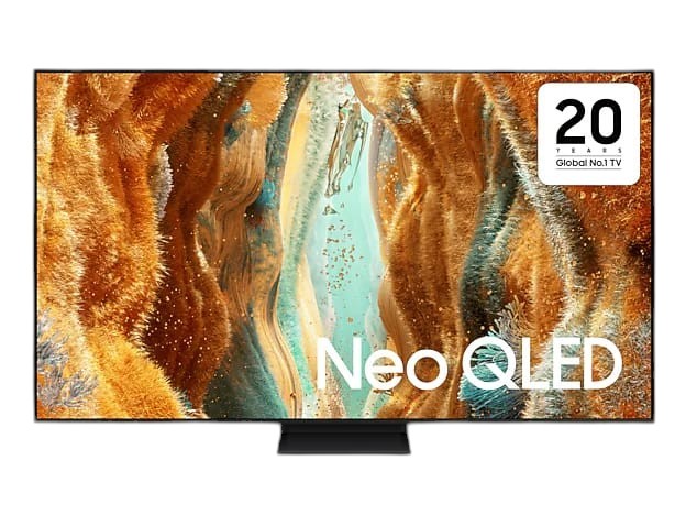 OBtech Samsung 65 inch Neo QLED 4K Smart TV with ultra-slim AirSlim design and vibrant abstract screen display.