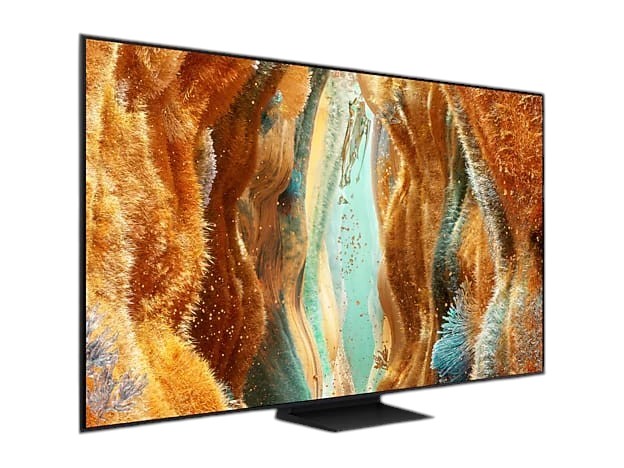 OBtech Samsung 65 inch Neo QLED 4K Smart TV with ultra-slim AirSlim design displaying vibrant abstract golden art