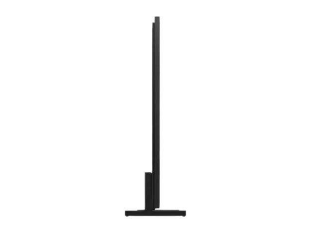Side profile of the ultra-slim OBtech Samsung 75-inch Neo QLED 8K Smart TV with a minimalist stand on a black background