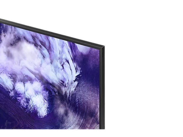 OBtech Samsung 75-inch Neo QLED 8K Smart TV featuring an ultra-slim bezel and vibrant purple abstract display.