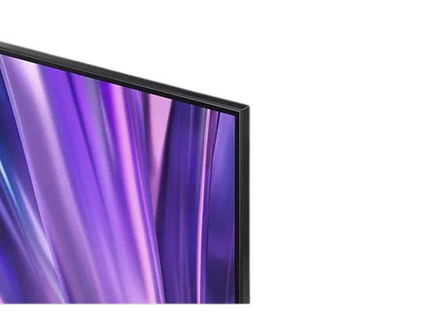 OBtech Samsung 75 inch Neo QLED 4K TV featuring an ultra-slim bezel and vibrant purple abstract screen display.