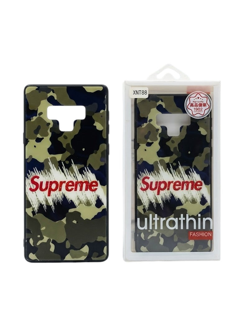 OBtech Samsung Note 9 Supreme design case featuring a green camouflage pattern and red logo in its retail packaging.