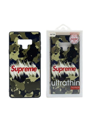 OBtech Samsung Note 9 Supreme design case featuring a green camouflage pattern and red logo in its retail packaging.