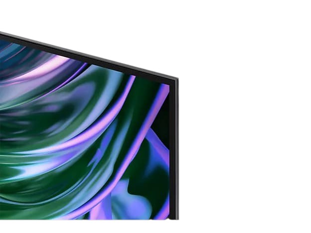 OBtech Samsung 65 inch OLED 4K S90D smart TV showing a vibrant abstract screen with a slim bezel design.