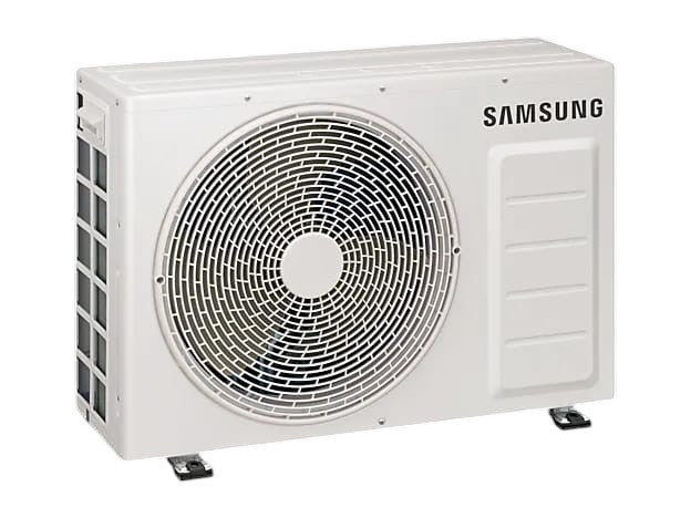 OBtech Samsung WindFree 18,000 BTU outdoor air conditioner unit in white with a circular fan grille