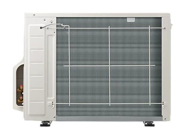 OBtech Samsung wall-mount air conditioner outdoor unit with white metal casing and grey cooling fins