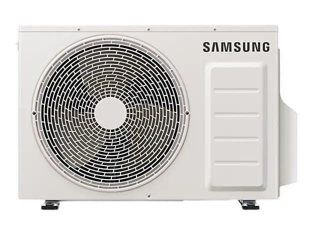 OBtech Samsung WindFree 18000 BTU outdoor air conditioner unit in white with a circular fan grille.