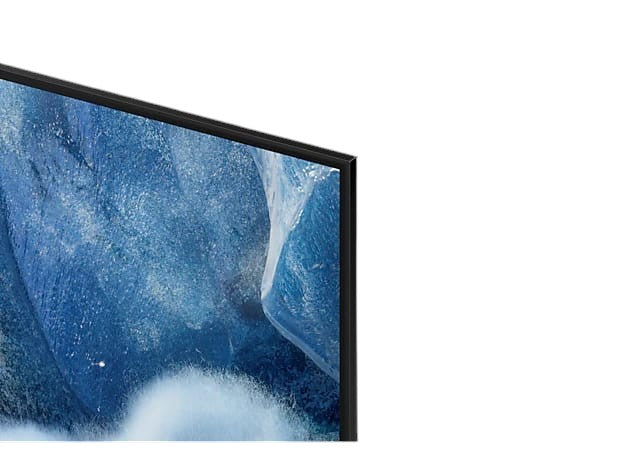 OBtech Samsung 65 inch QLED 4K TV featuring an ultra-slim bezel and vibrant blue abstract display content.