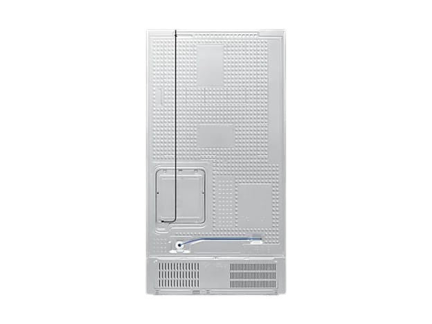 Rear view of the OBtech Samsung side-by-side refrigerator showing the metal back panel and water line connection.