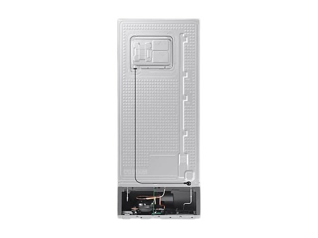 Rear view of the OBtech Samsung 391L refrigerator showing the metal back panel, compressor, and power cord.