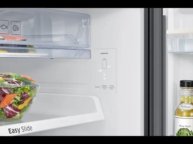 OBtech Samsung 540L refrigerator interior showing the digital control panel and Easy Slide shelf
