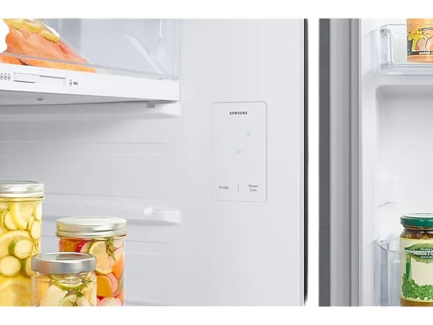 OBtech Samsung refrigerator interior showing the digital control panel for temperature settings and cooling modes.