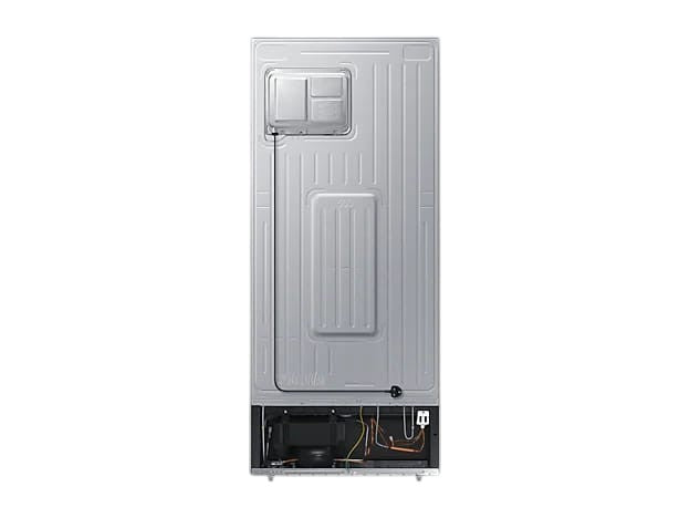 Rear view of the OBtech Samsung 540L top mounted freezer refrigerator showing the metal casing and cooling components