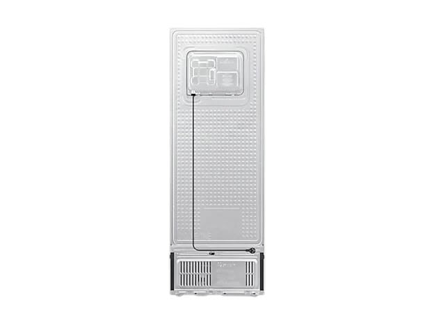 Rear view of the OBtech Samsung Top Mounted Freezer SpaceMax refrigerator showing the metal casing and power cord.