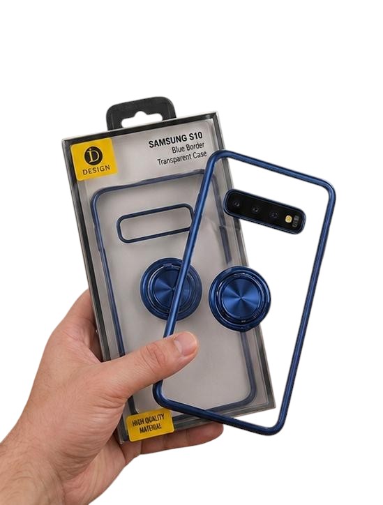 OBtech Samsung S10 transparent phone case with a blue border and integrated magnetic ring stand held in a hand.
