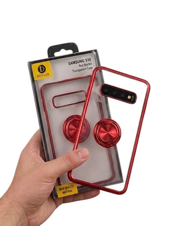 OBtech Samsung S10 transparent phone case with a red border and integrated magnetic ring stand in hand