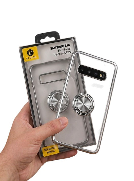OBtech transparent phone case for Samsung S10 with a silver border and integrated circular metal ring stand.