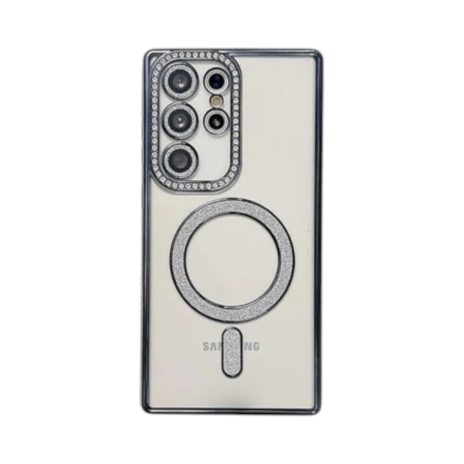 OBtech Samsung Galaxy S24 Ultra transparent case with sparkling glitter borders and magnetic charging ring