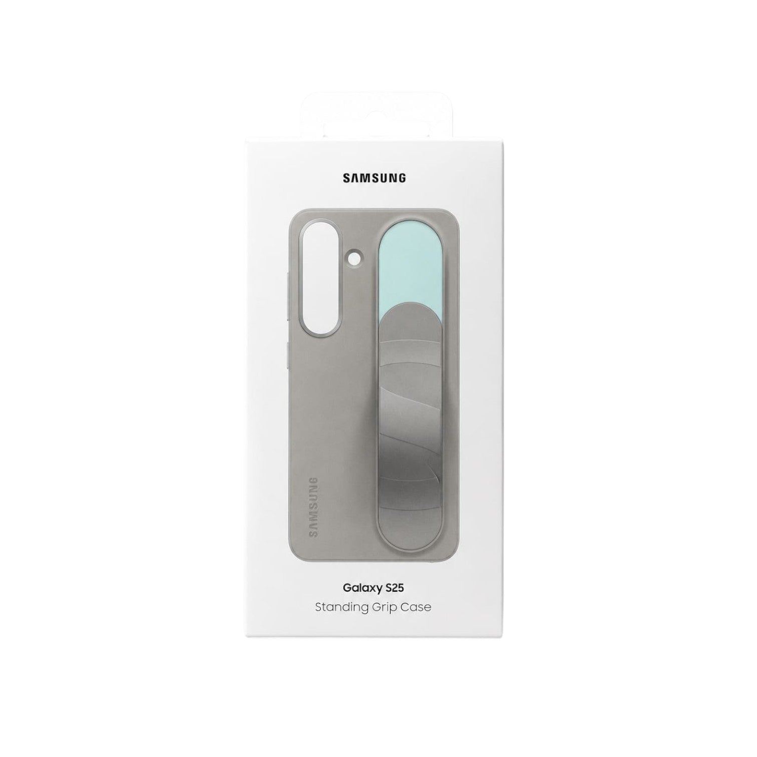 OBtech Samsung Original Standing Grip Case for Galaxy S25 in retail packaging with integrated strap and stand