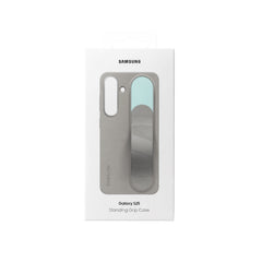 OBtech Samsung Original Standing Grip Case for Galaxy S25 in retail packaging with integrated strap and stand