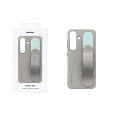 OBtech Samsung Galaxy S25 Standing Grip Case in grey with integrated strap and stand in original retail packaging.