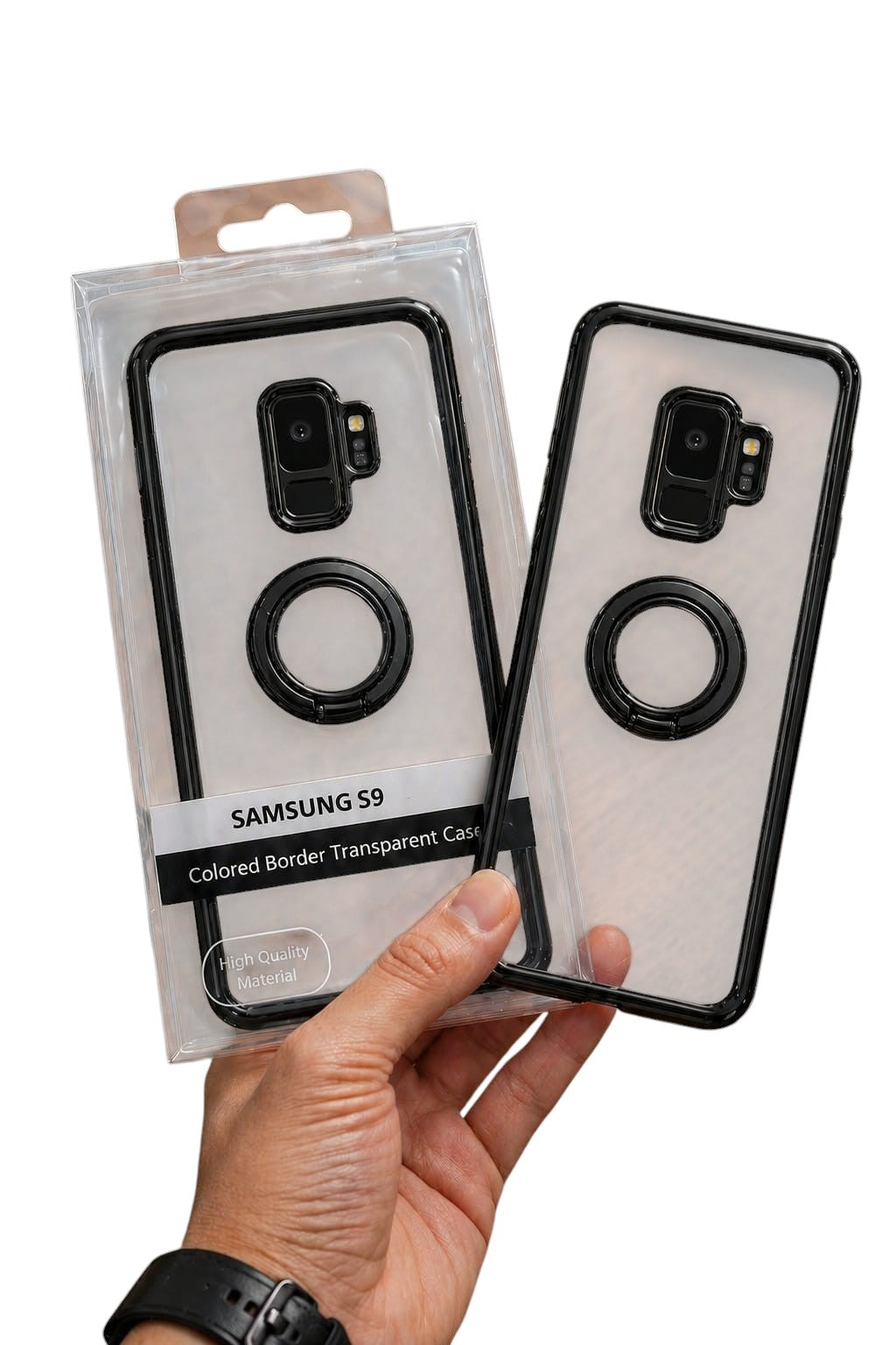 OBtech Samsung S9 transparent phone case with black border and integrated magnetic ring, held in hand.
