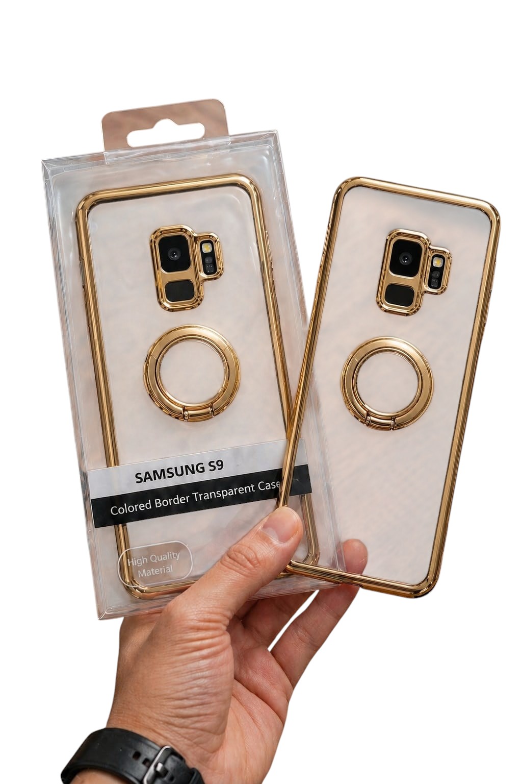 OBtech Samsung S9 transparent phone case with gold border and integrated magnetic ring holder in retail packaging
