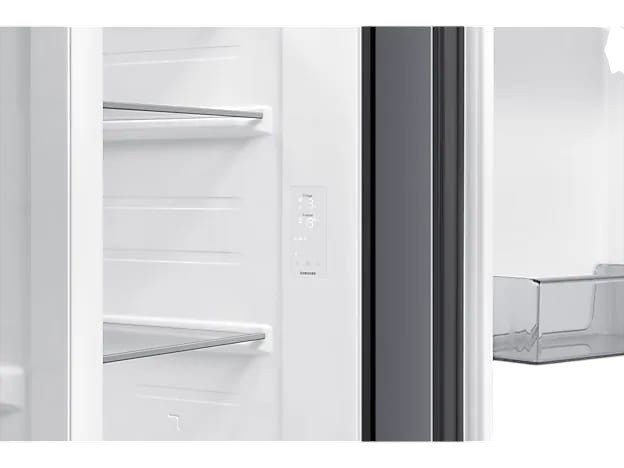 OBtech Samsung side-by-side refrigerator interior showing the digital touch control panel and shelving