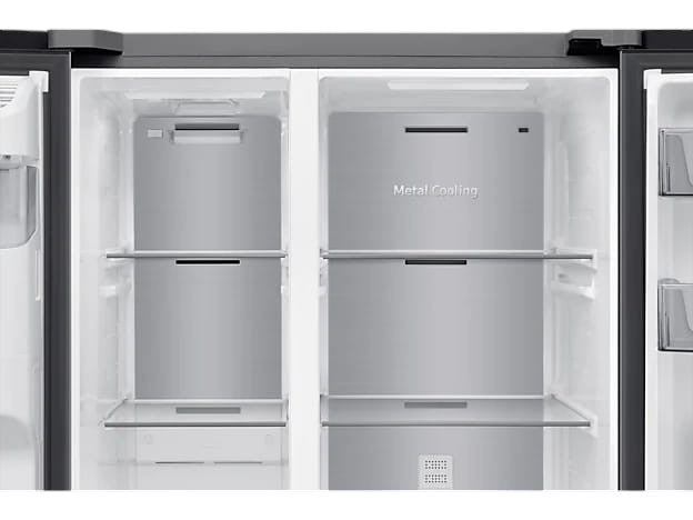 OBtech Samsung side-by-side refrigerator interior featuring metal cooling panels and adjustable glass shelves.
