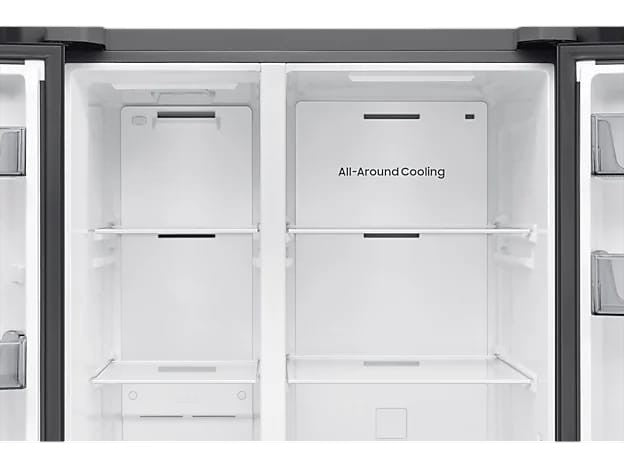 OBtech Samsung 655L side-by-side refrigerator interior with adjustable glass shelves and All-Around Cooling technology