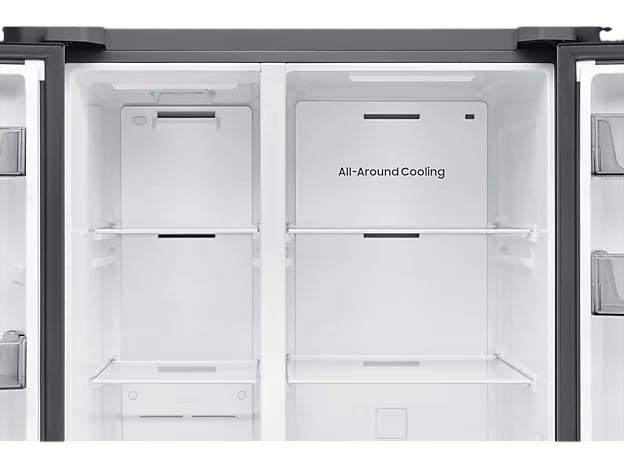 Interior view of OBtech Samsung 655L side-by-side refrigerator featuring adjustable shelves and All-Around Cooling