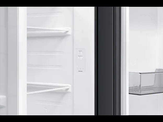 OBtech Samsung side-by-side refrigerator interior with digital touch control panel and adjustable shelving