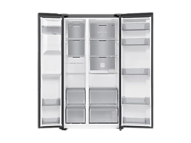 OBtech Samsung side-by-side refrigerator with open doors showing spacious interior, shelves, and plumbed dispenser