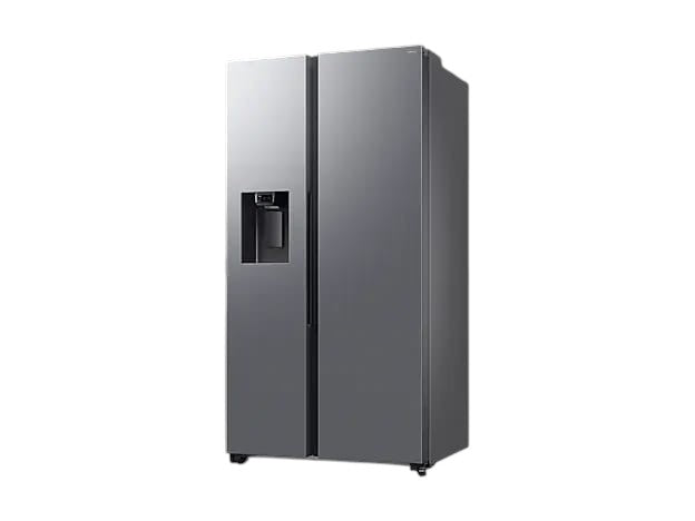 OBtech Samsung side-by-side refrigerator in silver with a plumbed water and ice dispenser on a black background.