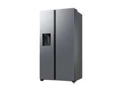 OBtech Samsung side-by-side refrigerator in silver with a plumbed water and ice dispenser on a black background.