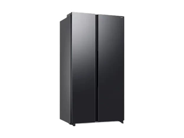 OBtech Samsung 655L side-by-side refrigerator in a sleek dark finish with a modern minimalist design.