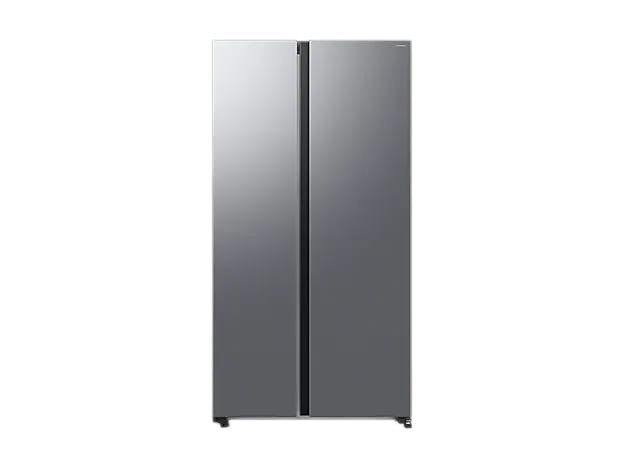 OBtech Samsung 655L side-by-side refrigerator in a sleek silver finish with a modern minimalist design
