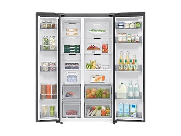 OBtech Samsung 655L side-by-side refrigerator with open doors showing organized shelves and twist ice maker