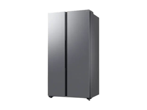 OBtech Samsung 655L side-by-side refrigerator in a sleek silver finish with a modern minimalist design