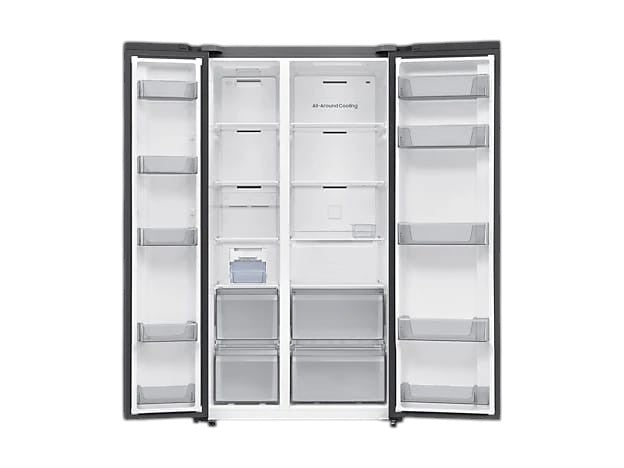 OBtech Samsung 655L side-by-side refrigerator with open doors showing interior shelving and twist ice maker