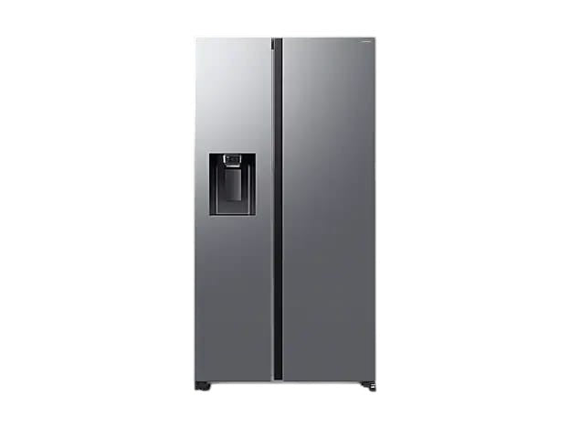 OBtech Samsung side-by-side refrigerator in silver with a plumbed water and ice dispenser on a black background