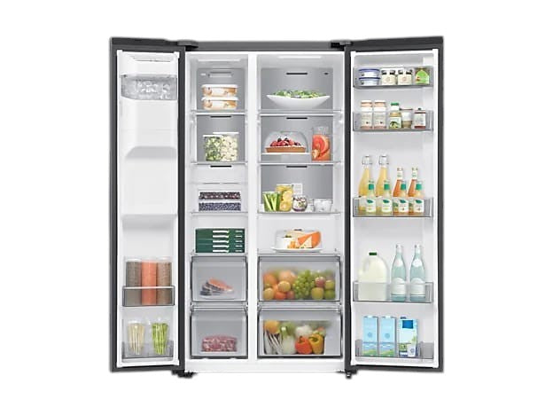 OBtech Samsung side-by-side refrigerator with open doors showing spacious shelves, drawers, and water dispenser